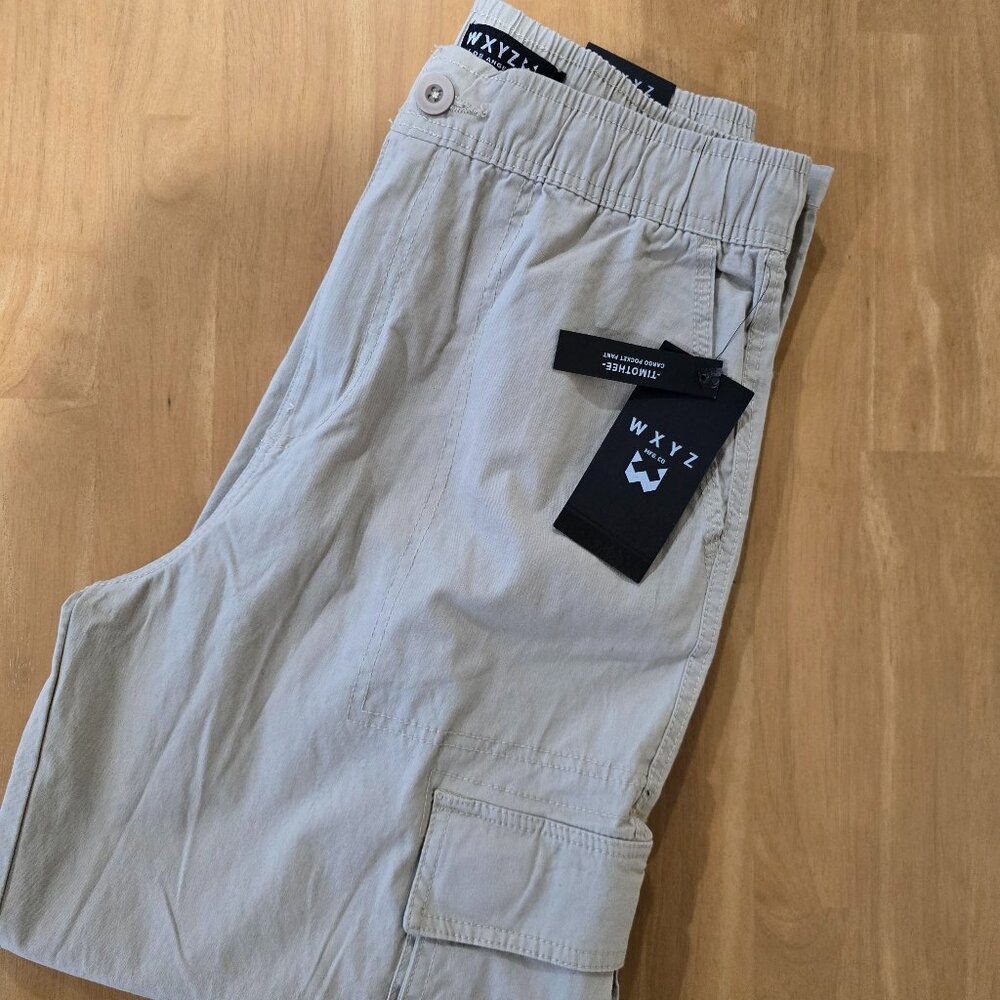 WXYZ Los Angeles‎ Men's Timothee Cargo Pants Tan Elastic Button Waist Small NWT